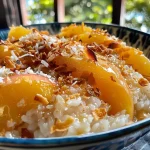 ['Close-up view of Peach Sticky Rice with sliced peaches and coconut milk.', 'Side view of delicious Peach Sticky Rice topped with fresh peach slices.', 'Juicy Peach Sticky Rice displayed with coconut flakes and ripe peaches.', 'Vibrant Peach Sticky Rice featuring glossy coconut milk and peaches.']