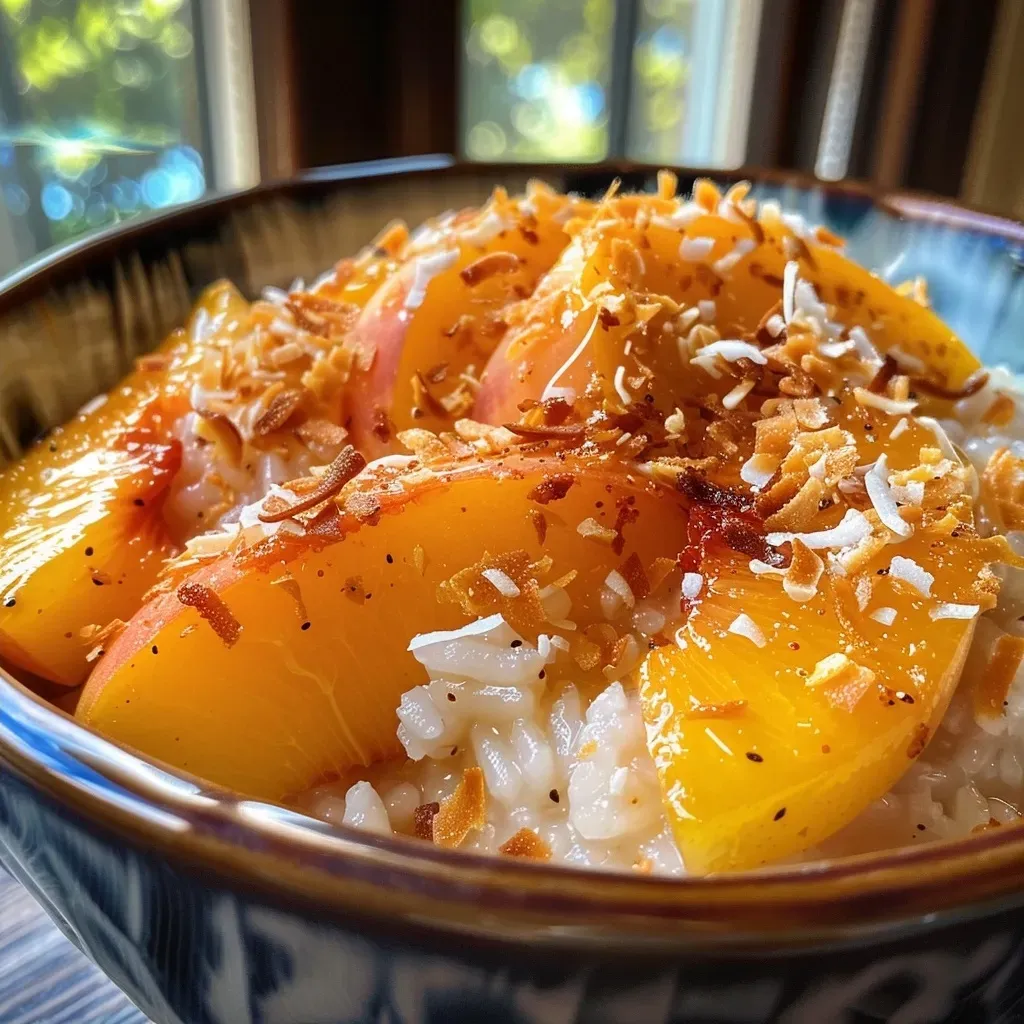 ['Close-up view of Peach Sticky Rice with sliced peaches and coconut milk.', 'Side view of delicious Peach Sticky Rice topped with fresh peach slices.', 'Juicy Peach Sticky Rice displayed with coconut flakes and ripe peaches.', 'Vibrant Peach Sticky Rice featuring glossy coconut milk and peaches.']