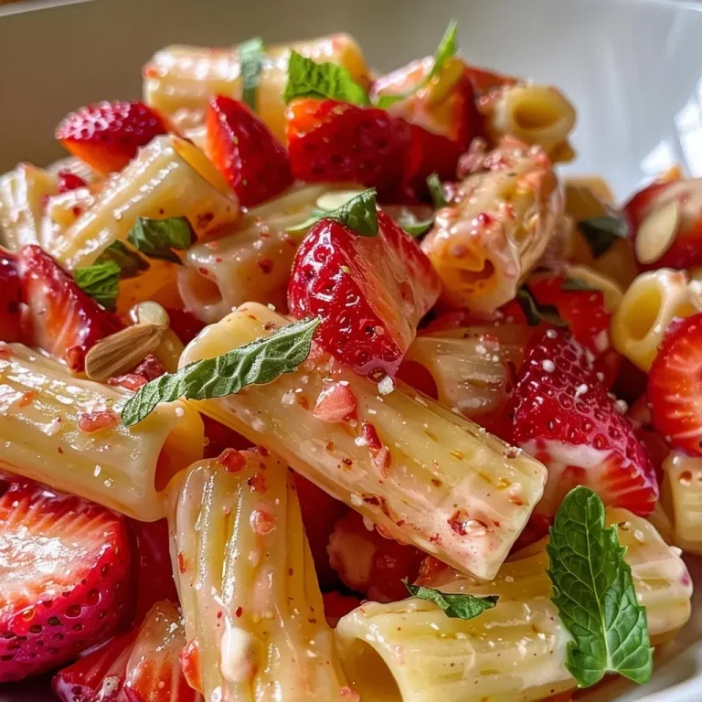 ['Close-up of Polish Strawberry Pasta with cream and mint.', 'Juicy strawberries and pasta in creamy sauce, side view.', 'Fresh strawberries atop pasta with a drizzle of sour cream.', 'Colorful dish of Polish Strawberry Pasta garnished with mint.']
