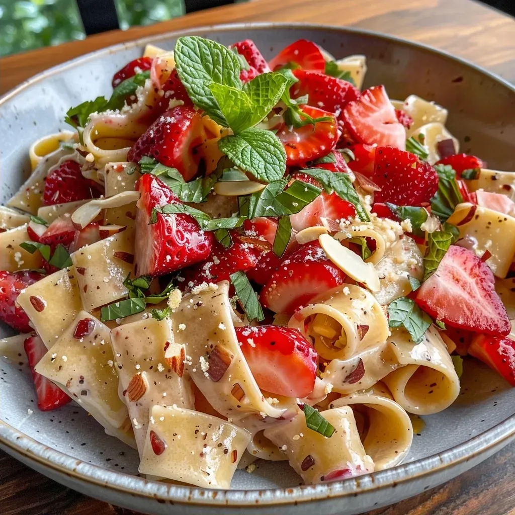 ['Close-up of Polish Strawberry Pasta with cream and mint.', 'Juicy strawberries and pasta in creamy sauce, side view.', 'Fresh strawberries atop pasta with a drizzle of sour cream.', 'Colorful dish of Polish Strawberry Pasta garnished with mint.']
