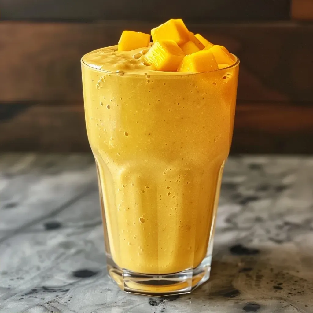 ['Close-up view of a creamy protein mango smoothie in a glass.', 'Side view of a vibrant mango smoothie with a thick consistency.', 'Delicious mango smoothie topped with a slice of mango and a straw.', 'Refreshing protein smoothie featuring mango, yogurt, and ice.']