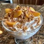 ['Close-up view of a bowl filled with creamy yogurt topped with peaches and granola.', 'A side view of a dessert featuring fluffy yogurt, diced peaches, and a sprinkle of granola.', 'Delicious layered yogurt with peach pieces and granola, presented in a clear bowl.', 'Creamy yogurt dessert with peach chunks and a crispy granola topping, captured in detail.']