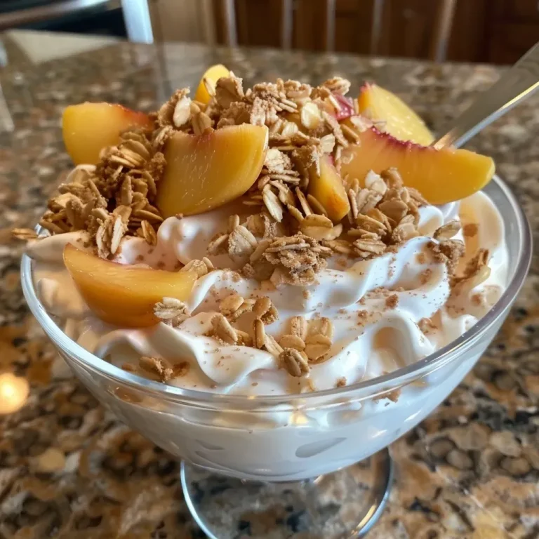 ['Close-up view of a bowl filled with creamy yogurt topped with peaches and granola.', 'A side view of a dessert featuring fluffy yogurt, diced peaches, and a sprinkle of granola.', 'Delicious layered yogurt with peach pieces and granola, presented in a clear bowl.', 'Creamy yogurt dessert with peach chunks and a crispy granola topping, captured in detail.']