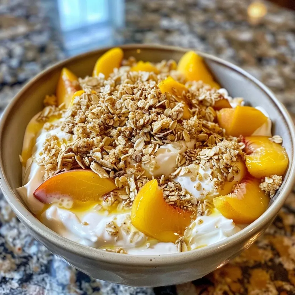 ['Close-up view of a bowl filled with creamy yogurt topped with peaches and granola.', 'A side view of a dessert featuring fluffy yogurt, diced peaches, and a sprinkle of granola.', 'Delicious layered yogurt with peach pieces and granola, presented in a clear bowl.', 'Creamy yogurt dessert with peach chunks and a crispy granola topping, captured in detail.']