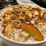 ['Close-up of creamy rice pudding topped with Greek yogurt and sliced peaches.', 'Side view of rice pudding garnished with Greek yogurt, fresh peaches, and toasted almonds.', 'Detailed image of rice pudding with Greek yogurt and juicy peach slices on top.', 'Rich rice pudding displayed with dollops of Greek yogurt and colorful peach slices.']
