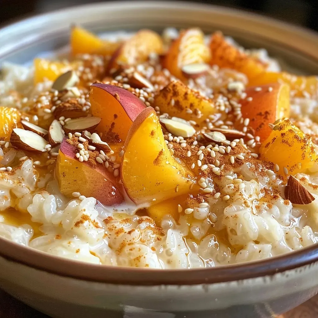 ['Close-up of creamy rice pudding topped with Greek yogurt and sliced peaches.', 'Side view of rice pudding garnished with Greek yogurt, fresh peaches, and toasted almonds.', 'Detailed image of rice pudding with Greek yogurt and juicy peach slices on top.', 'Rich rice pudding displayed with dollops of Greek yogurt and colorful peach slices.']