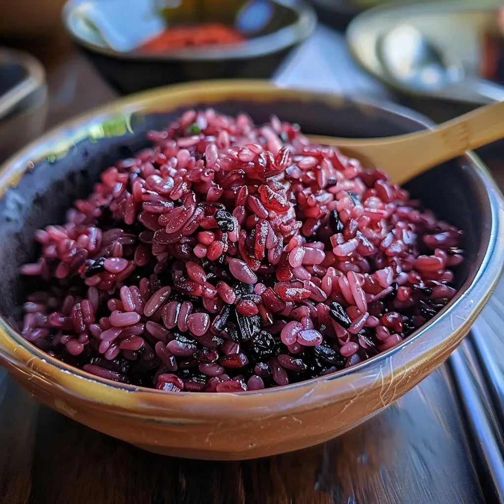 ['Close-up view of cooked Riceberry grains, showcasing their unique purple hue and texture.', 'Side view of a bowl filled with fluffy Riceberry, highlighting its shiny surface and distinct color.', 'Detailed shot of Riceberry grains, revealing their rich purple color and plump appearance.', 'Close-up image of Riceberry with water droplets, emphasizing freshness and quality.']