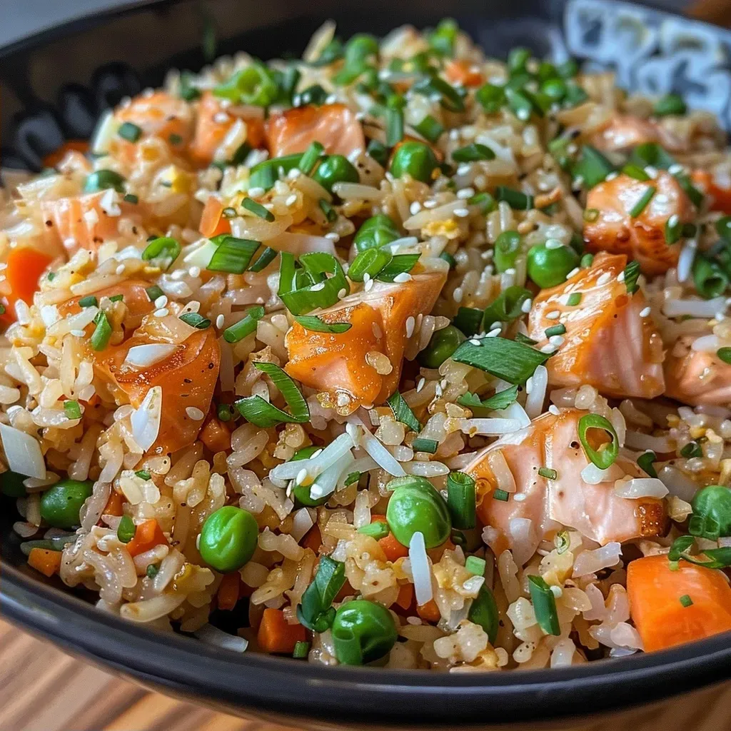 ['Close-up view of a vibrant bowl of salmon fried rice with colorful vegetables.', 'A side shot of delicious salmon fried rice, showcasing juicy salmon pieces and peas.', 'Close-up image of salmon fried rice, featuring onions, carrots, and a sprinkle of green onions.', 'Detailed view of cooked salmon fried rice, highlighting the texture and mix of ingredients.']