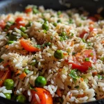 ['Close-up view of a colorful bowl of savoury rice with vegetables and spices.', 'Side view of a dish featuring savoury rice, showcasing diced vegetables and fresh herbs.', 'Vibrant mixture of rice, peas, and tomatoes presented in a rustic bowl.', 'Tasty savoury rice dish highlighted with various colorful ingredients.']
