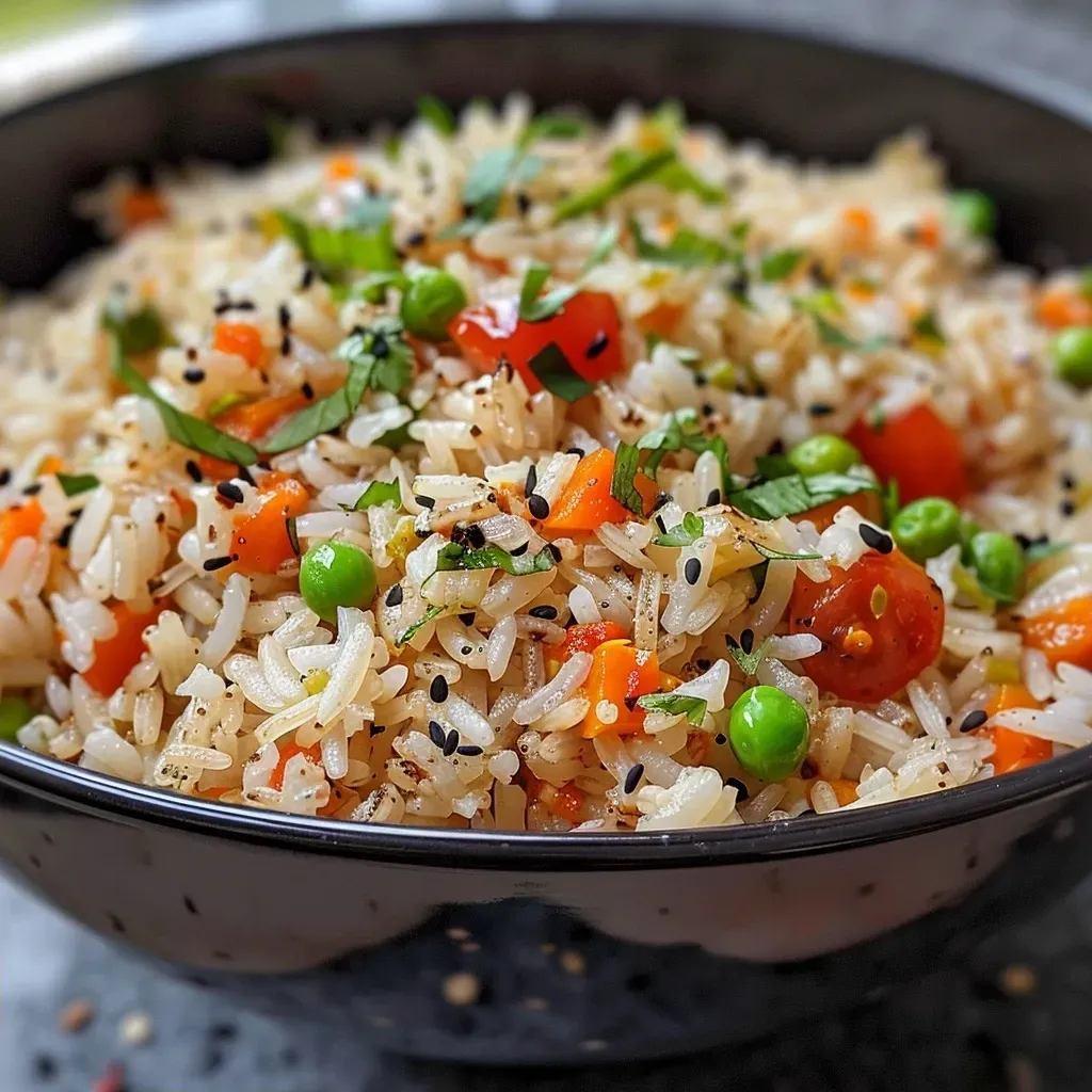 ['Close-up view of a colorful bowl of savoury rice with vegetables and spices.', 'Side view of a dish featuring savoury rice, showcasing diced vegetables and fresh herbs.', 'Vibrant mixture of rice, peas, and tomatoes presented in a rustic bowl.', 'Tasty savoury rice dish highlighted with various colorful ingredients.']