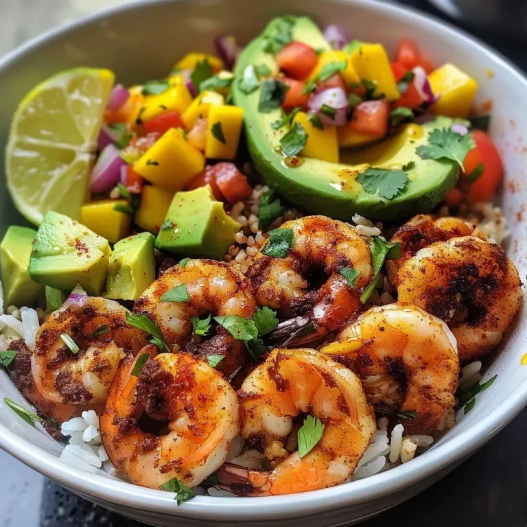 ['Close-up view of a vibrant shrimp and avocado bowl with mango salsa and lime chili sauce.', 'Side angle of a colorful shrimp and avocado dish topped with fresh mango salsa.', 'Detailed shot of a shrimp and avocado bowl featuring diced mango and a creamy lime sauce.', 'Juicy shrimp served in a bowl with sliced avocado, mango salsa, and a drizzle of chili sauce.']