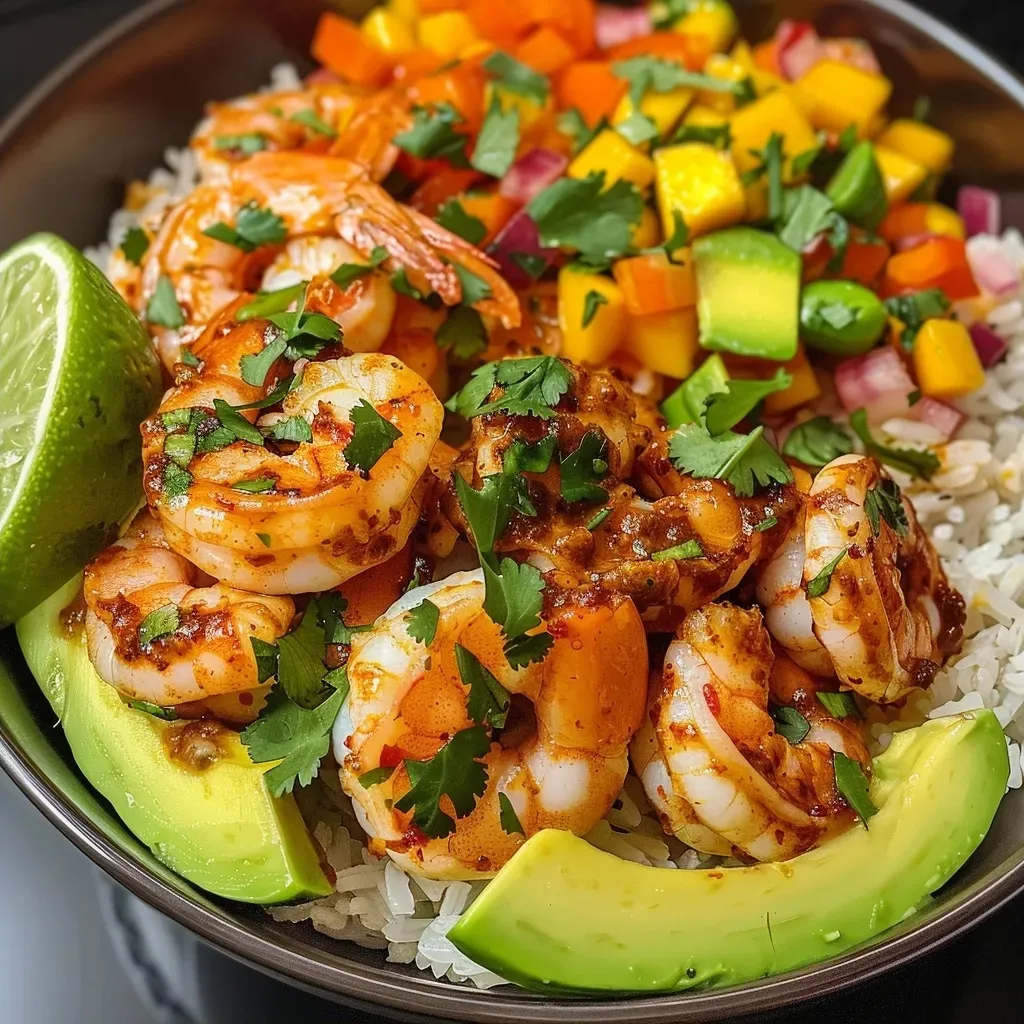 ['Close-up view of a vibrant shrimp and avocado bowl with mango salsa and lime chili sauce.', 'Side angle of a colorful shrimp and avocado dish topped with fresh mango salsa.', 'Detailed shot of a shrimp and avocado bowl featuring diced mango and a creamy lime sauce.', 'Juicy shrimp served in a bowl with sliced avocado, mango salsa, and a drizzle of chili sauce.']