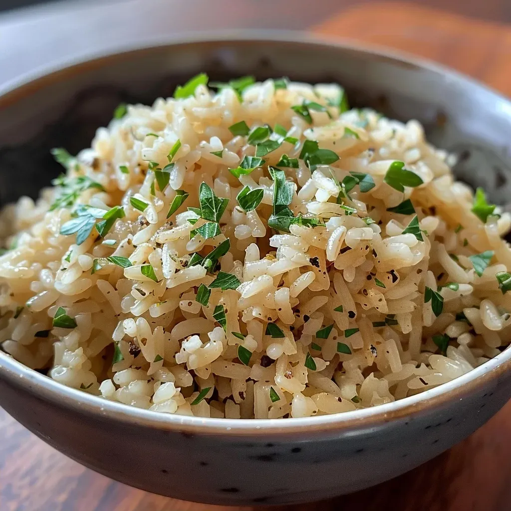['Close-up view of a bowl of fluffy white rice garnished with green parsley.', 'Side view of a serving of rice in a bowl with a sprinkle of garlic powder and butter.', 'Detailed close-up of cooked rice with fresh parsley, showcasing its texture.', 'Side perspective of a rice dish with moist grains and herbs on a wooden table.']