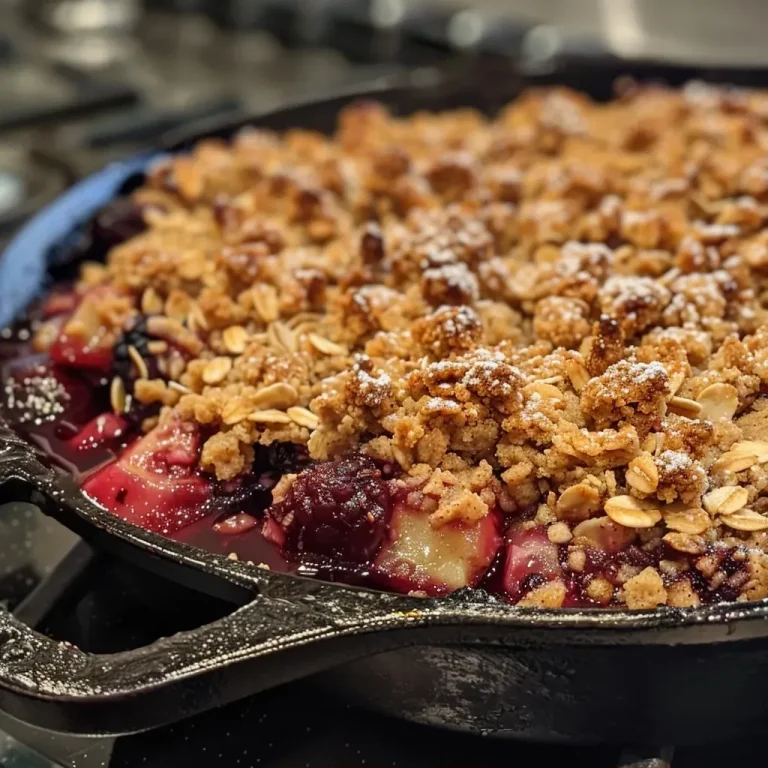 ['Close-up view of a warm Skillet Berry Crisp with a golden-brown topping.', 'Side view of a bubbling Skillet Berry Crisp filled with assorted berries.', 'Juicy Skillet Berry Crisp served in a cast-iron skillet, showcasing its crispy topping.', 'Delicious Skillet Berry Crisp with melted butter and fresh berries peeking through.']