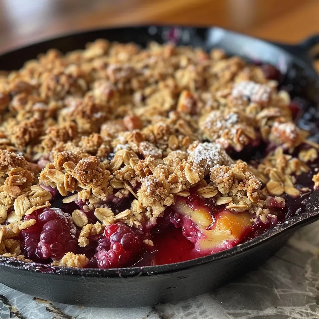['Close-up view of a warm Skillet Berry Crisp with a golden-brown topping.', 'Side view of a bubbling Skillet Berry Crisp filled with assorted berries.', 'Juicy Skillet Berry Crisp served in a cast-iron skillet, showcasing its crispy topping.', 'Delicious Skillet Berry Crisp with melted butter and fresh berries peeking through.']