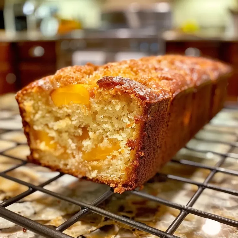 ['Close-up view of a slice of Southern Peach Bread showcasing its moist texture and diced peaches.', 'Side view of Southern Peach Bread revealing the golden crust and juicy peach pieces embedded in the loaf.', 'Juicy Southern Peach Bread slice highlighting its rich color and fluffy crumb structure.', 'Detailed image of Southern Peach Bread with visible chunks of peaches against a rustic wooden background.']