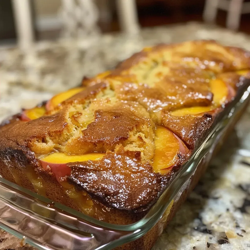 ['Close-up view of a slice of Southern Peach Bread showcasing its moist texture and diced peaches.', 'Side view of Southern Peach Bread revealing the golden crust and juicy peach pieces embedded in the loaf.', 'Juicy Southern Peach Bread slice highlighting its rich color and fluffy crumb structure.', 'Detailed image of Southern Peach Bread with visible chunks of peaches against a rustic wooden background.']