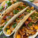 ['A close-up view of juicy sticky chicken tacos topped with fresh ingredients.', 'Side view of colorful sticky chicken tacos garnished with mango and cilantro.', 'Delicious sticky chicken tacos displayed on a plate with vibrant toppings.', 'Juicy sticky chicken tacos with diced mango, jalapeño, and sesame seeds.']