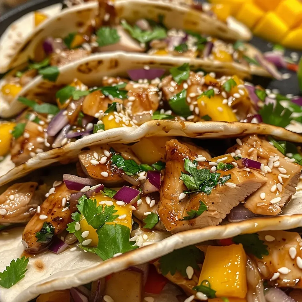 ['A close-up view of juicy sticky chicken tacos topped with fresh ingredients.', 'Side view of colorful sticky chicken tacos garnished with mango and cilantro.', 'Delicious sticky chicken tacos displayed on a plate with vibrant toppings.', 'Juicy sticky chicken tacos with diced mango, jalapeño, and sesame seeds.']