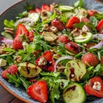 ['A close-up view of a colorful strawberry salad with greens, feta cheese, and sliced avocado.', 'Side view of a vibrant salad featuring strawberries, arugula, cucumbers, and walnuts on a white plate.', 'Detailed image of a fresh salad with strawberries, balsamic vinaigrette, and various toppings, showcasing textures.', 'Juicy strawberry salad arranged artfully with ingredients like feta, avocado, and red onion visible.']