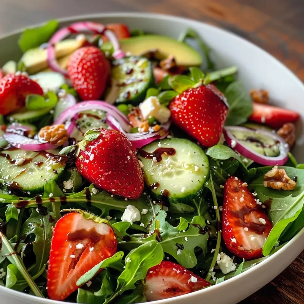 ['A close-up view of a colorful strawberry salad with greens, feta cheese, and sliced avocado.', 'Side view of a vibrant salad featuring strawberries, arugula, cucumbers, and walnuts on a white plate.', 'Detailed image of a fresh salad with strawberries, balsamic vinaigrette, and various toppings, showcasing textures.', 'Juicy strawberry salad arranged artfully with ingredients like feta, avocado, and red onion visible.']