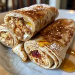 ['Close-up view of stuffed French toast wraps filled with yogurt and berries on a plate.', 'Side angle of delicious stuffed French toast wraps drizzled with syrup and topped with berries.', 'Juicy stuffed French toast wraps displayed with a side of yogurt and fresh fruit.', 'Colorful arrangement of stuffed French toast wraps with yogurt and assorted berries.']