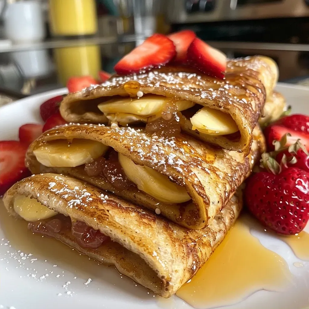 ['Close-up view of stuffed French toast wraps filled with yogurt and berries on a plate.', 'Side angle of delicious stuffed French toast wraps drizzled with syrup and topped with berries.', 'Juicy stuffed French toast wraps displayed with a side of yogurt and fresh fruit.', 'Colorful arrangement of stuffed French toast wraps with yogurt and assorted berries.']