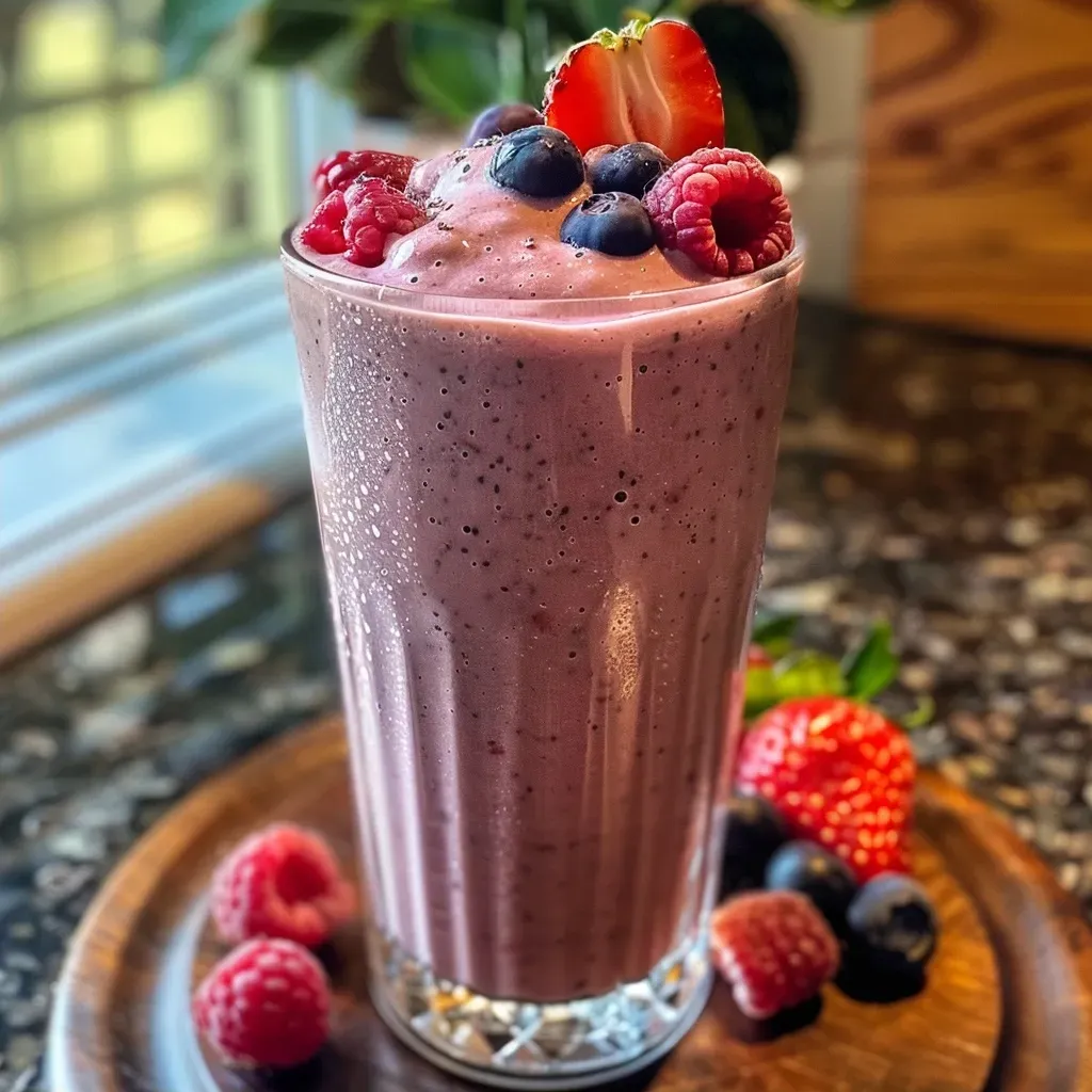['Close-up view of a vibrant Summer Berry Smoothie in a glass with fresh berries on top.', 'Side view of a delicious berry smoothie, showcasing its thick texture and colorful ingredients.', 'Juicy Summer Berry Smoothie with a mix of strawberries, blueberries, and raspberries in a clear glass.', 'Refreshing smoothie featuring strawberries and blueberries, ready to be enjoyed on a sunny day.']