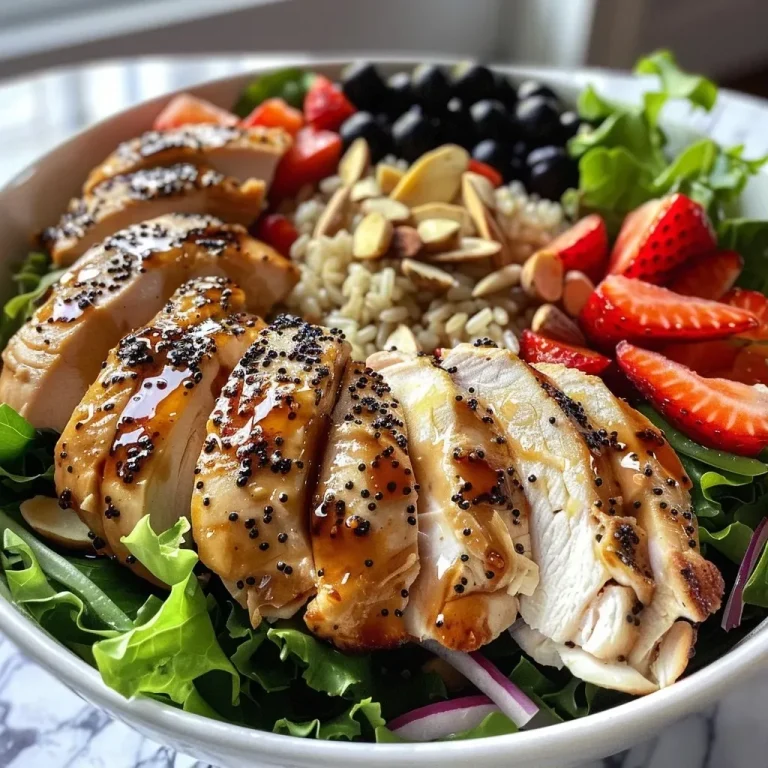 ['A close-up view of a vibrant Summer Chicken and Rice Bowl featuring colorful ingredients.', 'Side view of a delicious Summer Chicken and Rice Bowl with chicken, rice, and fresh fruits.', 'Juicy Summer Chicken and Rice Bowl topped with blackberries, strawberries, and nuts.', 'A detailed shot of a Summer Chicken and Rice Bowl showcasing layers of colorful fresh ingredients.']