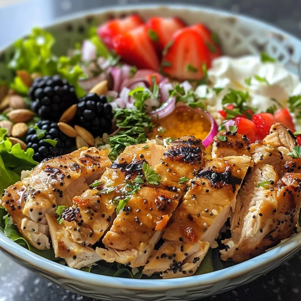 ['A close-up view of a vibrant Summer Chicken and Rice Bowl featuring colorful ingredients.', 'Side view of a delicious Summer Chicken and Rice Bowl with chicken, rice, and fresh fruits.', 'Juicy Summer Chicken and Rice Bowl topped with blackberries, strawberries, and nuts.', 'A detailed shot of a Summer Chicken and Rice Bowl showcasing layers of colorful fresh ingredients.']