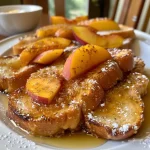 ['Close-up view of Summer Peach French Toast with sliced peaches on top.', 'Juicy French toast topped with fresh peaches and a dusting of powdered sugar.', 'Side view of a delicious serving of Summer Peach French Toast with yogurt and granola.', 'Ready-to-eat Summer Peach French Toast with peaches and honey drizzled over it.']