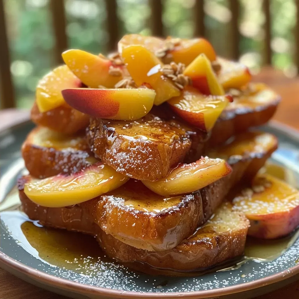 ['Close-up view of Summer Peach French Toast with sliced peaches on top.', 'Juicy French toast topped with fresh peaches and a dusting of powdered sugar.', 'Side view of a delicious serving of Summer Peach French Toast with yogurt and granola.', 'Ready-to-eat Summer Peach French Toast with peaches and honey drizzled over it.']