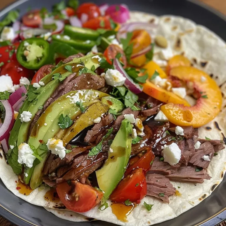 ['Close-up view of Summer Peach Wraps featuring slices of peaches, roast beef, and fresh herbs in a flatbread.', 'Side view of a colorful Summer Peach Wrap showcasing ingredients like roasted beef, avocado, and sliced peaches.', 'Detailed close-up of Summer Peach Wraps with peach slices, red onion, and feta cheese in a flatbread.', 'Vibrant Summer Peach Wrap presented in a flatbread with fresh ingredients and a drizzle of balsamic glaze.']
