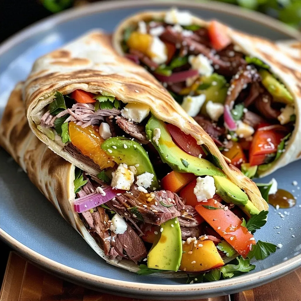 ['Close-up view of Summer Peach Wraps featuring slices of peaches, roast beef, and fresh herbs in a flatbread.', 'Side view of a colorful Summer Peach Wrap showcasing ingredients like roasted beef, avocado, and sliced peaches.', 'Detailed close-up of Summer Peach Wraps with peach slices, red onion, and feta cheese in a flatbread.', 'Vibrant Summer Peach Wrap presented in a flatbread with fresh ingredients and a drizzle of balsamic glaze.']