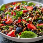 ['Close-up side view of a vibrant Summer Wild Rice Salad featuring colorful fruits and vegetables.', 'A detailed view of a fresh Summer Wild Rice Salad with strawberries, blueberries, and chopped veggies.', 'Colorful Summer Wild Rice Salad showcasing wild rice, fresh berries, and green asparagus.', 'Side view of a delectable Summer Wild Rice Salad filled with strawberries, blueberries, and feta.']