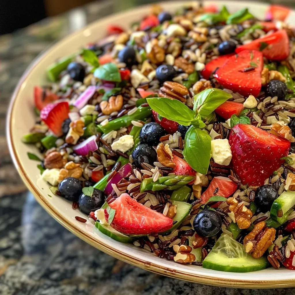 ['Close-up side view of a vibrant Summer Wild Rice Salad featuring colorful fruits and vegetables.', 'A detailed view of a fresh Summer Wild Rice Salad with strawberries, blueberries, and chopped veggies.', 'Colorful Summer Wild Rice Salad showcasing wild rice, fresh berries, and green asparagus.', 'Side view of a delectable Summer Wild Rice Salad filled with strawberries, blueberries, and feta.']