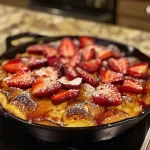 ['Close-up view of a slice of strawberry skillet cake topped with fresh strawberries.', 'Side view of a moist strawberry skillet cake sitting in a cast iron skillet.', 'Juicy strawberry-filled cake served in a rustic skillet, highlighting the vibrant red strawberries.', 'A delicious slice of strawberry cake with golden edges, garnished with whole strawberries.']