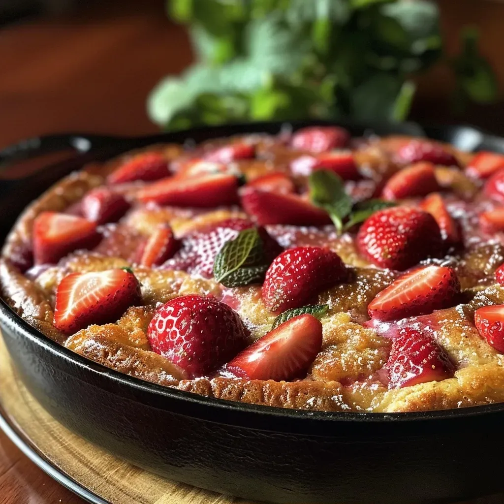 ['Close-up view of a slice of strawberry skillet cake topped with fresh strawberries.', 'Side view of a moist strawberry skillet cake sitting in a cast iron skillet.', 'Juicy strawberry-filled cake served in a rustic skillet, highlighting the vibrant red strawberries.', 'A delicious slice of strawberry cake with golden edges, garnished with whole strawberries.']