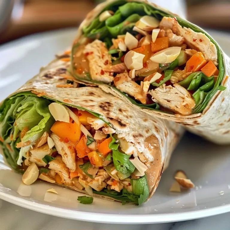 ['Close-up of Thai chicken wraps filled with colorful vegetables and mango.', 'Side view of a Thai chicken wrap showcasing shredded chicken and almond garnish.', 'Juicy Thai chicken wrap with fresh ginger, almond butter, and vibrant veggies.', 'Delicious Thai chicken wrap with a variety of ingredients, including mango and green onions.']