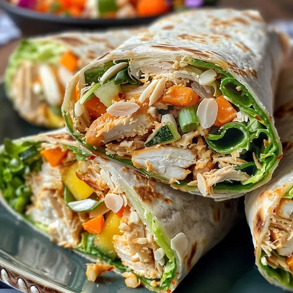 ['Close-up of Thai chicken wraps filled with colorful vegetables and mango.', 'Side view of a Thai chicken wrap showcasing shredded chicken and almond garnish.', 'Juicy Thai chicken wrap with fresh ginger, almond butter, and vibrant veggies.', 'Delicious Thai chicken wrap with a variety of ingredients, including mango and green onions.']
