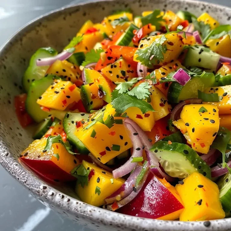 ['Close-up view of a vibrant Thai mango salad featuring diced mangoes, bell pepper, cucumber, and onions.', 'A colorful arrangement of fresh Thai mango salad ingredients, highlighting mango, red bell pepper, and herbs.', 'Side view of a Thai mango salad showcasing the juicy mango pieces and colorful vegetables in a bowl.', 'Detailed shot of a refreshing Thai mango salad, emphasizing the bright colors of fresh ingredients.']