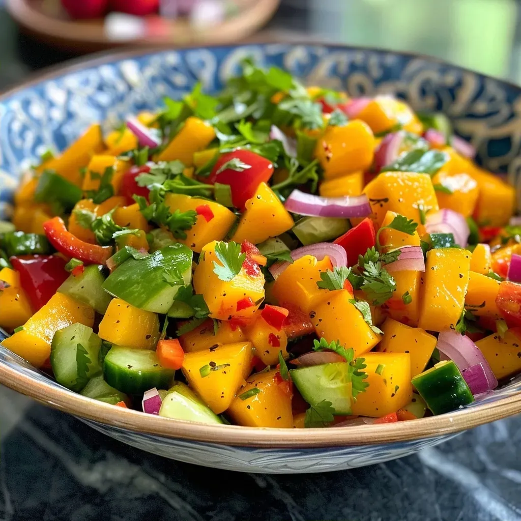 ['Close-up view of a vibrant Thai mango salad featuring diced mangoes, bell pepper, cucumber, and onions.', 'A colorful arrangement of fresh Thai mango salad ingredients, highlighting mango, red bell pepper, and herbs.', 'Side view of a Thai mango salad showcasing the juicy mango pieces and colorful vegetables in a bowl.', 'Detailed shot of a refreshing Thai mango salad, emphasizing the bright colors of fresh ingredients.']