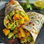 ['Close-up of vibrant mango avocado wraps on a wooden plate.', 'Side view of colorful mango avocado wraps with fresh ingredients.', 'Juicy mango and avocado wraps displayed with bright red pepper and green cilantro.', 'Freshly made mango avocado wraps, showcasing their colorful fillings.']