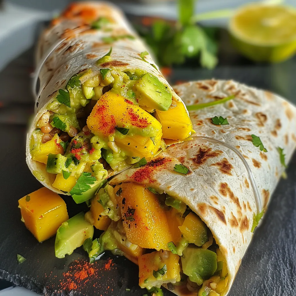 ['Close-up of vibrant mango avocado wraps on a wooden plate.', 'Side view of colorful mango avocado wraps with fresh ingredients.', 'Juicy mango and avocado wraps displayed with bright red pepper and green cilantro.', 'Freshly made mango avocado wraps, showcasing their colorful fillings.']