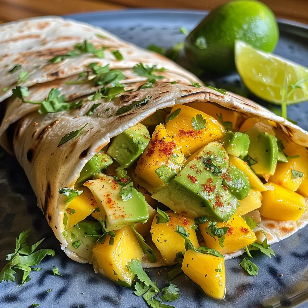 ['Close-up of vibrant mango avocado wraps on a wooden plate.', 'Side view of colorful mango avocado wraps with fresh ingredients.', 'Juicy mango and avocado wraps displayed with bright red pepper and green cilantro.', 'Freshly made mango avocado wraps, showcasing their colorful fillings.']