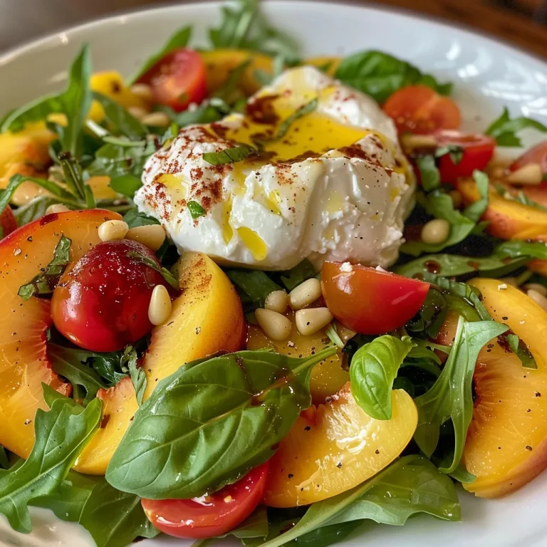 ['Close-up view of a Peach Burrata Garden Salad with fresh ingredients.', 'Side view of a colorful salad featuring peaches, burrata, and greens.', 'Vibrant Peach Burrata Salad highlighting arugula, tomatoes, and nuts.', 'Detailed image of a salad bowl with peach wedges and creamy burrata.']