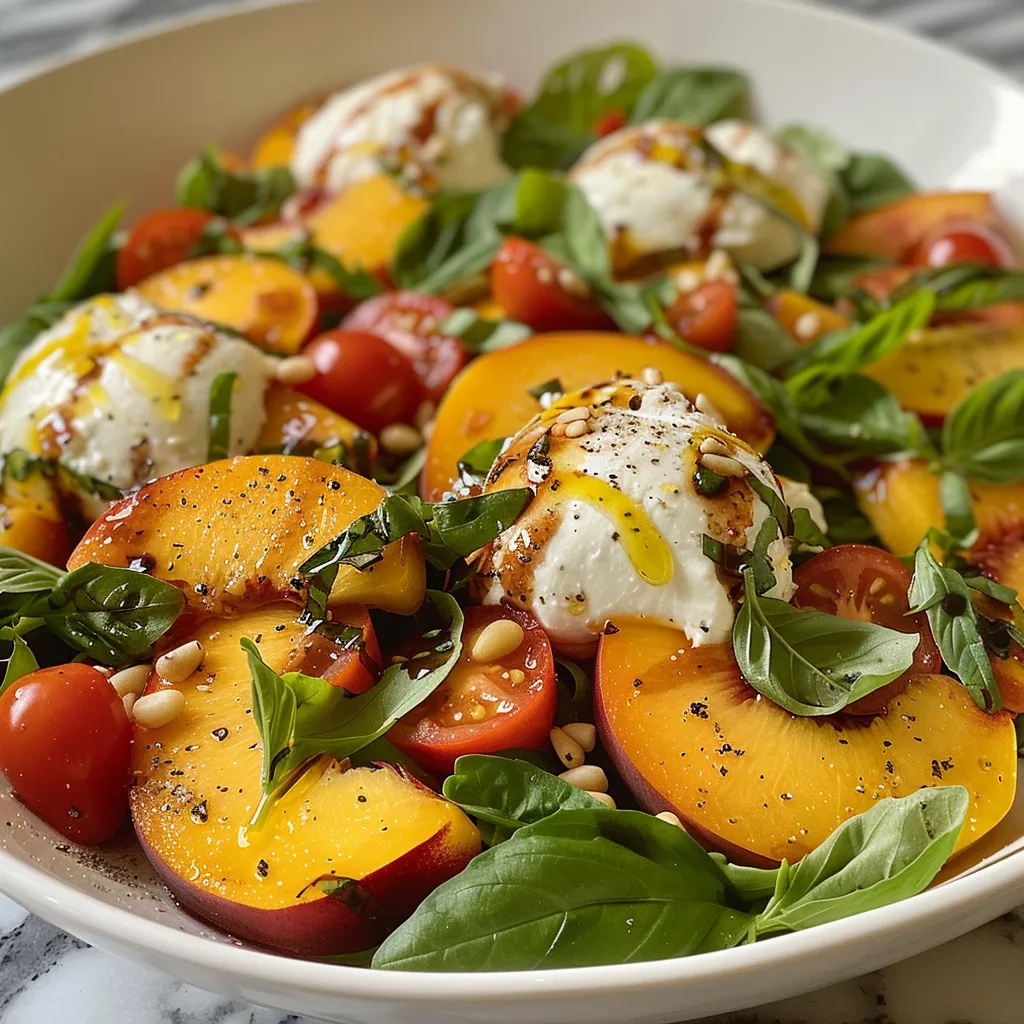 ['Close-up view of a Peach Burrata Garden Salad with fresh ingredients.', 'Side view of a colorful salad featuring peaches, burrata, and greens.', 'Vibrant Peach Burrata Salad highlighting arugula, tomatoes, and nuts.', 'Detailed image of a salad bowl with peach wedges and creamy burrata.']