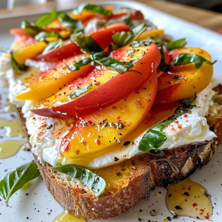 ['Close-up of Peach Caprese Toast with Burrata on sourdough bread.', 'Sliced ripe peaches and burrata on toasted sourdough with basil.', 'A vibrant Peach Caprese Toast featuring fresh basil and honey drizzle.', 'Rich burrata cheese atop toasted sourdough with colorful peach slices.']