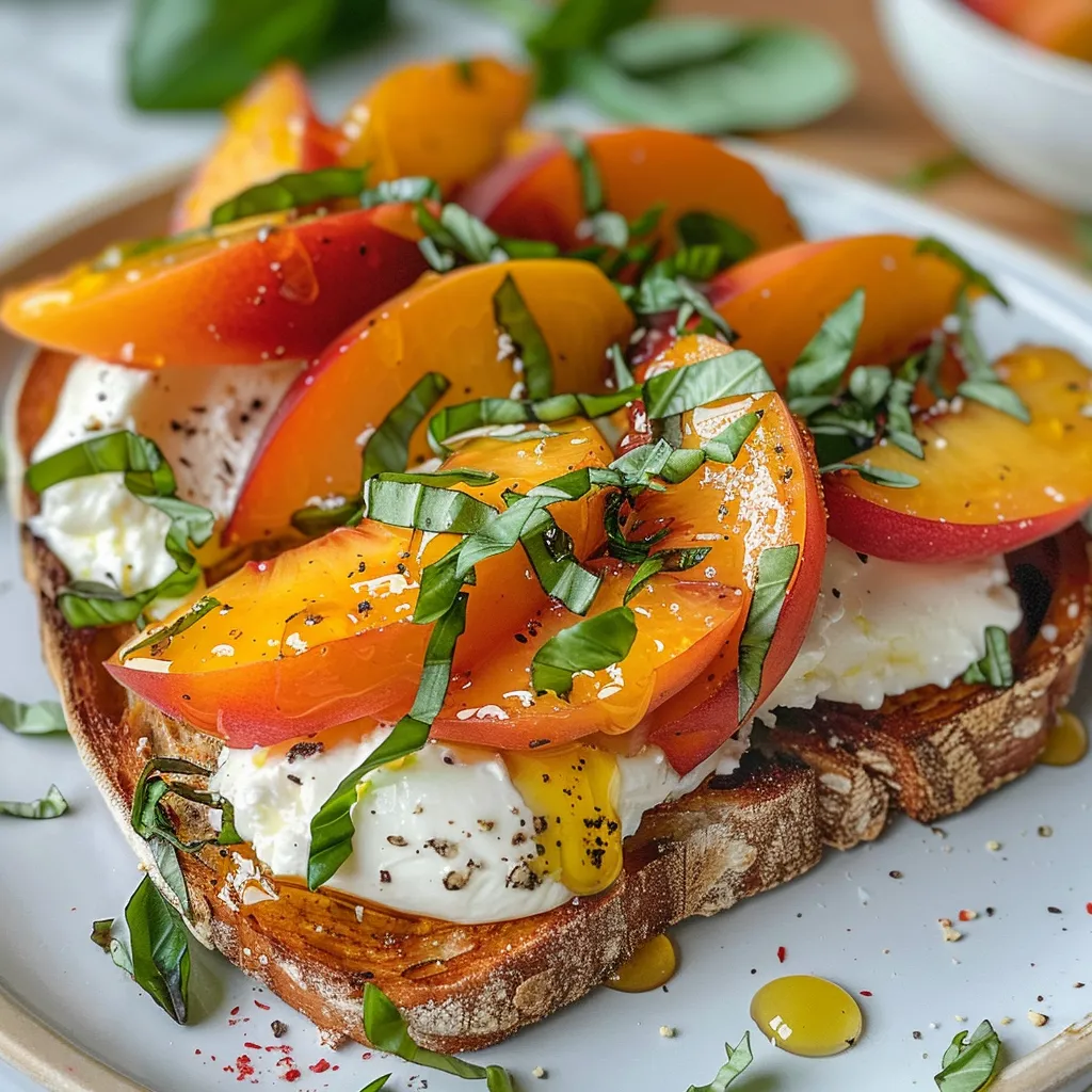 ['Close-up of Peach Caprese Toast with Burrata on sourdough bread.', 'Sliced ripe peaches and burrata on toasted sourdough with basil.', 'A vibrant Peach Caprese Toast featuring fresh basil and honey drizzle.', 'Rich burrata cheese atop toasted sourdough with colorful peach slices.']