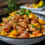 ['Close-up view of a vibrant plate of Sesame Mango Chicken with colorful ingredients.', 'Juicy Sesame Mango Chicken garnished with fresh cilantro and sesame seeds.', 'Side view of a delicious dish featuring diced chicken, mango, and vegetables.', 'Detailed photo of Sesame Mango Chicken showcasing its glistening sauce and toppings.']